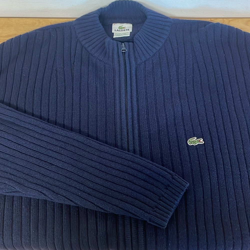 Lacoste Navy Ribbed Zip-Front Cardigan Sweater